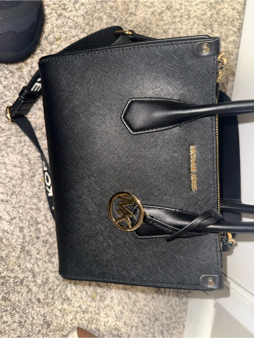 Michael Kors Black Leather Satchel with Gold MK Charm